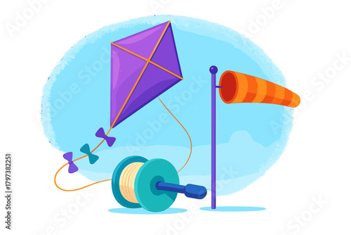 Purple diamond kite flying high next to an orange windsock and a string reel