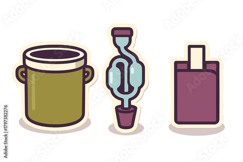 Home brewing equipment icons set featuring a fermentation pot, airlock, and storage container