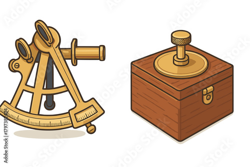 Vintage brass sextant navigation instrument and wooden storage box for maritime exploration