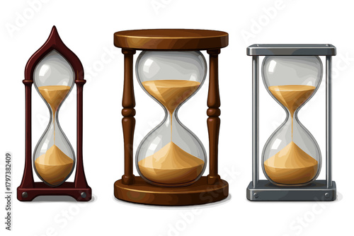 Three detailed hourglasses in various styles with flowing golden sand