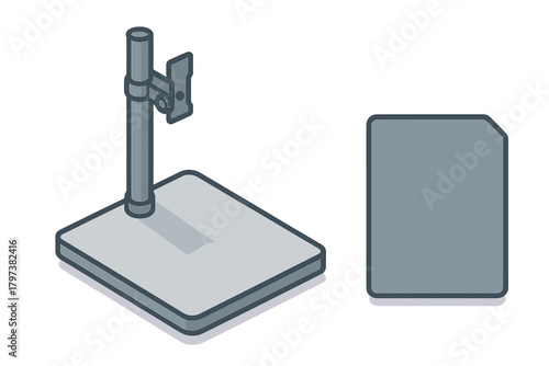 Isometric view of a monitor stand base with a vertical pole and mounting bracket next to a rectangular display placeholder