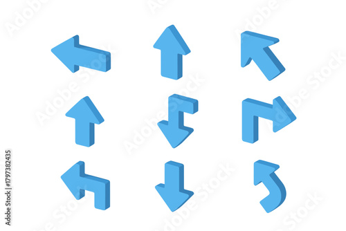 Blue isometric 3D arrow icons pointing various ways symbolizing direction, movement, and choice