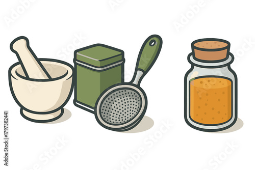 Essential kitchen tools set for cooking and spice preparation including mortar and sifter