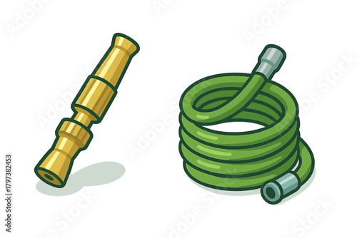 Coiled green garden hose with brass spray nozzle for watering and lawn care