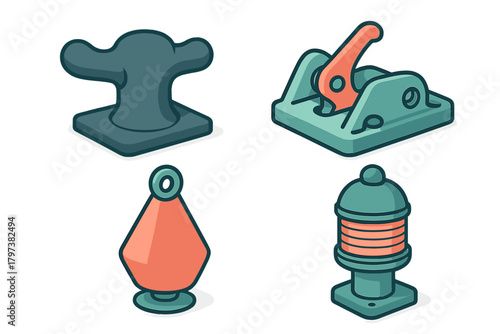 Isometric marine equipment set featuring bollard, winch, buoy, and navigation light symbols