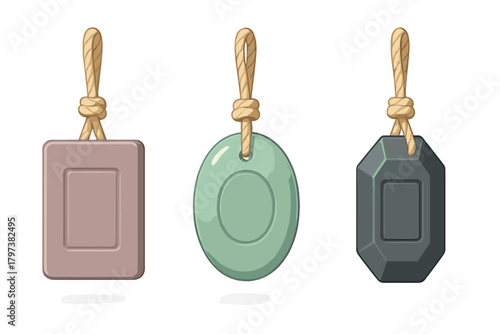 Three different shaped solid soap bars hanging by natural rope loops for hygiene and aromatherapy