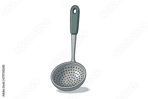 Kitchen skimmer utensil with perforated bowl and long handle on white background