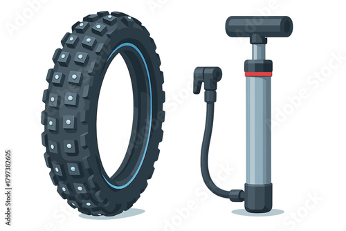 Winter bicycle tire with metal studs and portable hand pump for inflation