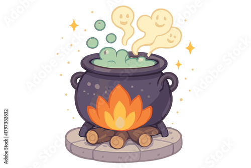 Cute cartoon cauldron brewing magical green potion over campfire with smiling ghost smoke