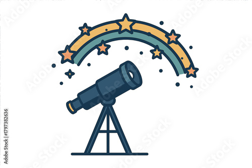 Telescope on a tripod observing a colorful arc of stars and celestial elements in the night sky