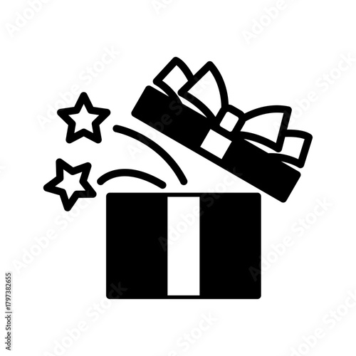 開いたプレゼントボックスのイラスト（モノクロ）