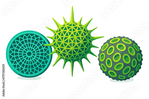Stylized microscopic biological forms with complex geometric patterns representing cellular structures