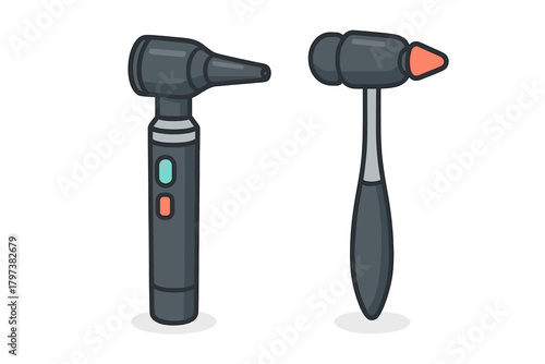 Otoscope and reflex hammer set for medical examination and diagnostic procedures