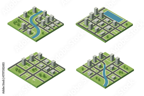 Set of four isometric city maps showing urban planning layouts with buildings, roads, and parks