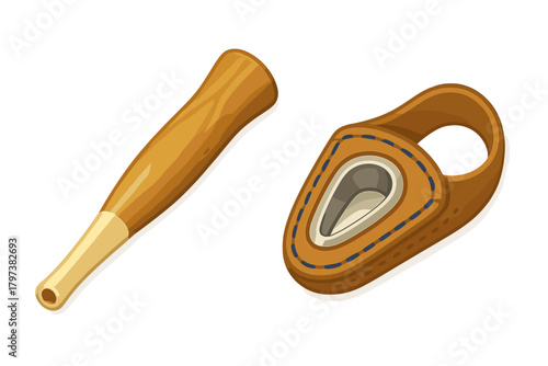 Vintage wooden pipe stem and stylized leather case for traditional smoking accessories