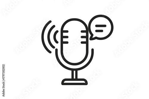 Microphone on stand with sound waves and speech bubble representing podcasting or voice recording