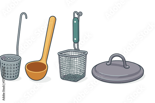 Essential kitchen utensils set including perforated skimmer, wooden ladle, wire basket, and pot lid