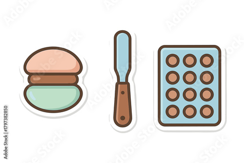 Stylized confectionery icons set with macaron dessert, offset spatula, and baking tray mold