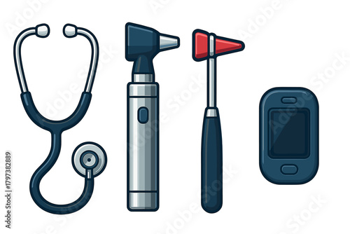 Set of essential medical diagnostic tools: stethoscope, otoscope, reflex hammer, and pulse oximeter