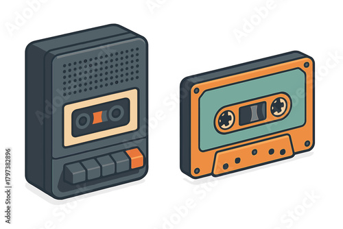 Vintage portable audio cassette player and magnetic tape media device from the 80s and 90s era