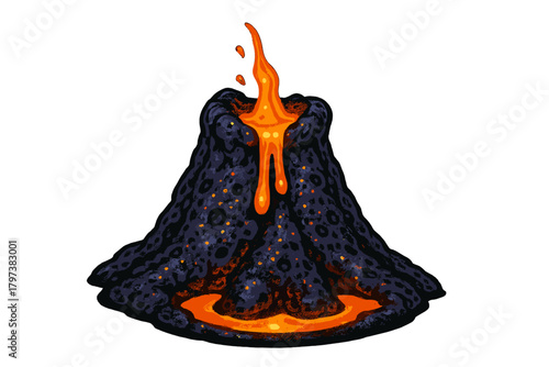 Dark textured volcano erupting with bright orange molten lava flowing down the sides