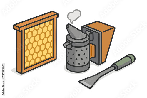 Essential beekeeping tools set with honeycomb frame, smoker, and hive scraper