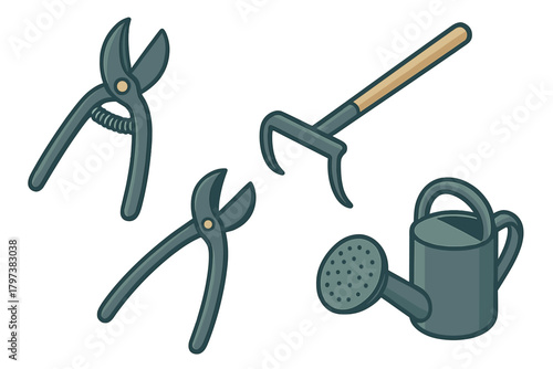 Set of essential gardening tools including pruning shears, hand cultivator, and watering can