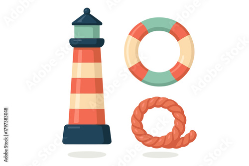 Striped lighthouse, lifebuoy, and coiled rope set representing maritime safety and guidance