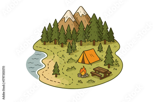 Stylized map view of a wilderness campsite with mountains, forest, and lakeside path