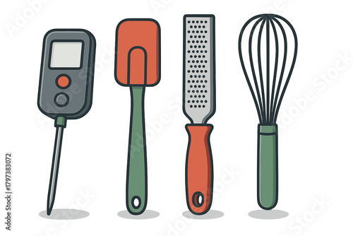 Colorful set of kitchen cooking and baking utensils including whisk, spatula, grater, and thermometer