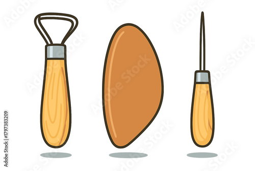 Collection of essential pottery tools including wire loop trimmer and wooden rib