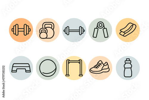 A set of outline icons depicting sports equipment and accessories in the style of pictograms with a round background in various shades of yellow, orange, and gray.