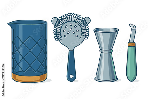 Essential barware equipment for mixing drinks featuring a strainer jigger and patterned mixing glass