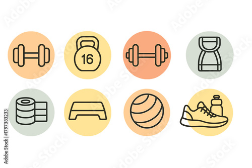 A set of outline icons depicting sports equipment and accessories in the style of pictograms with a round background in various shades of yellow, orange, and gray.