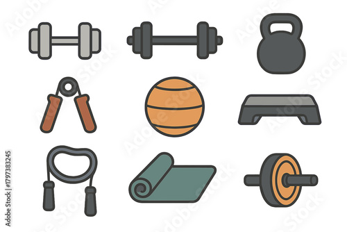 A set of icons related to fitness and strength training.