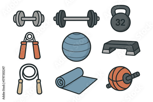A set of icons related to fitness and strength training.