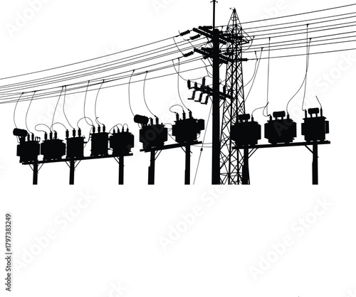 Silhouette vector illustration of electrical transformers, utility poles, and transmission tower—energy grid infrastructure layout for power distribution and engineering reference