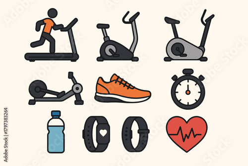 A set of 12 colorful icons on the theme of cardio training, fitness tracking, and health in the style of flat colored icons with black outlines and bright fills 