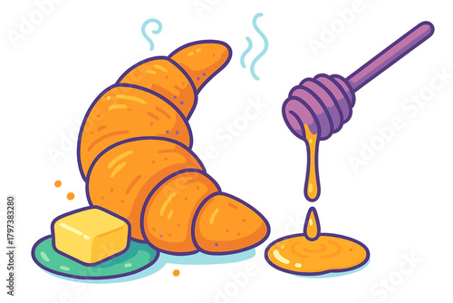Warm croissant with butter and sweet honey dripping from a wooden dipper