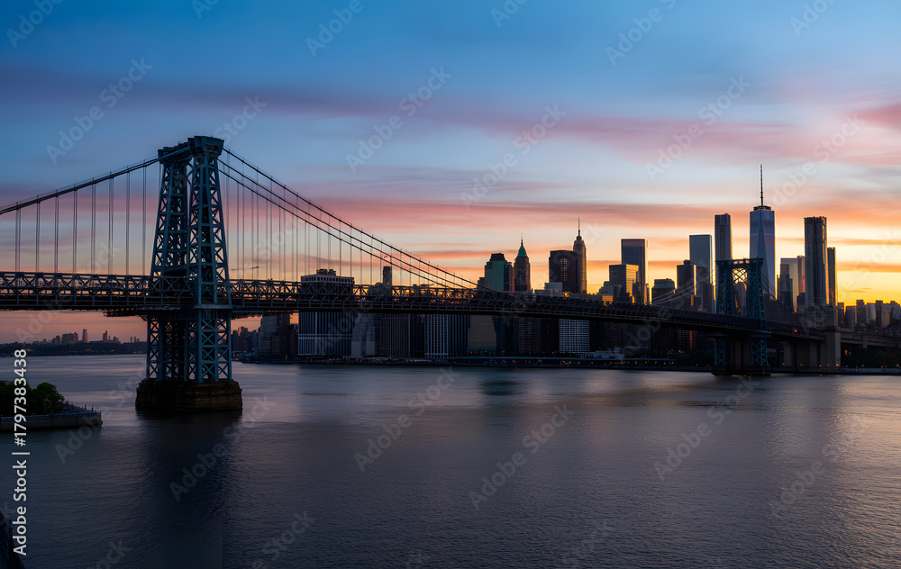 Fototapeta premium Iconic new york city skyline and bridge at sunset twilight