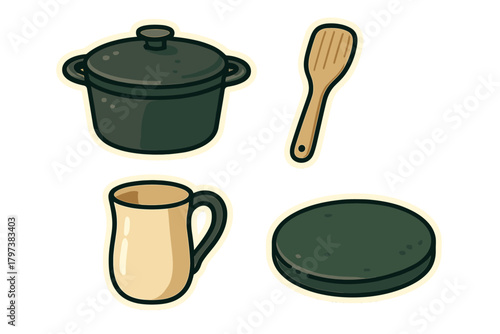 Stylized kitchen essentials set including cooking pot, wooden spatula, ceramic mug, and trivet