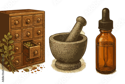 Traditional herbalist tools: wooden apothecary cabinet, mortar and pestle, and amber dropper bottle