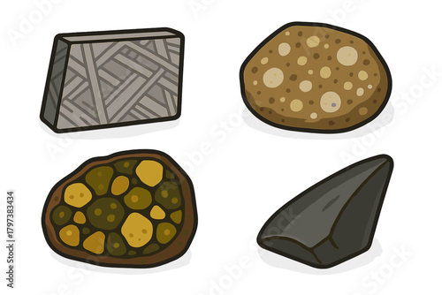 Set of space rocks showing different meteorite types such as iron, stony, and pallasite samples