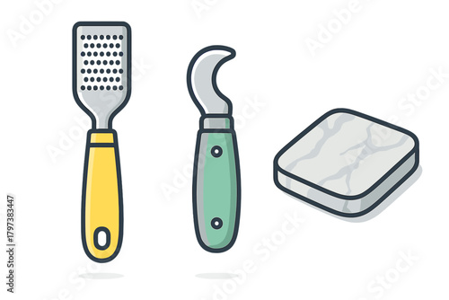 Kitchen utensils set for cheese preparation including grater slicer and food block