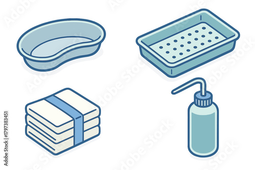 Isometric medical instruments and supplies including kidney dish, surgical tray, and wash bottle