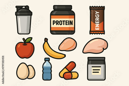 a collection of 13 colorful icons representing various fitness and nutrition-related items.