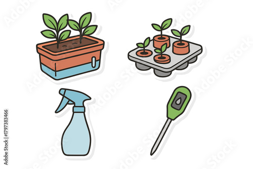 Home gardening supplies set with potted seedlings, seed tray, water spray, and soil tester