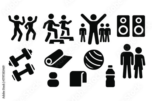 a collection of 12 black silhouette icons representing various fitness and group activity concepts.
