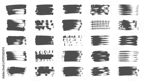 Collection of varied black ink brush strokes and splatters ,Set of thick dried brush strokes, grunge acrylic textures, stencil silhouettes,  Abstract black ink grungy lines, borders, underline