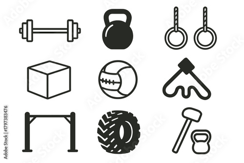 a collection of 9 black-and-white line icons representing various fitness and strength training equipment.